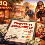 Barbecue restaurant chain filing Chapter 11 bankruptcy with closed storefront, financial paperwork, and concerned franchise owners