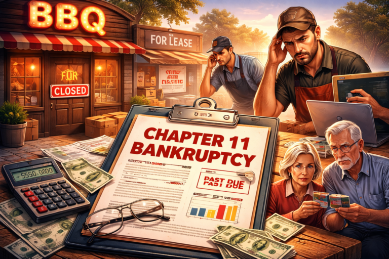 Barbecue restaurant chain filing Chapter 11 bankruptcy with closed storefront, financial paperwork, and concerned franchise owners