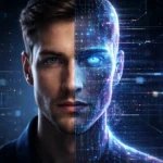 Hyper-realistic split-face illustration showing a real human face blended with an AI-generated digital replica, representing deepfake technology and synthetic media.