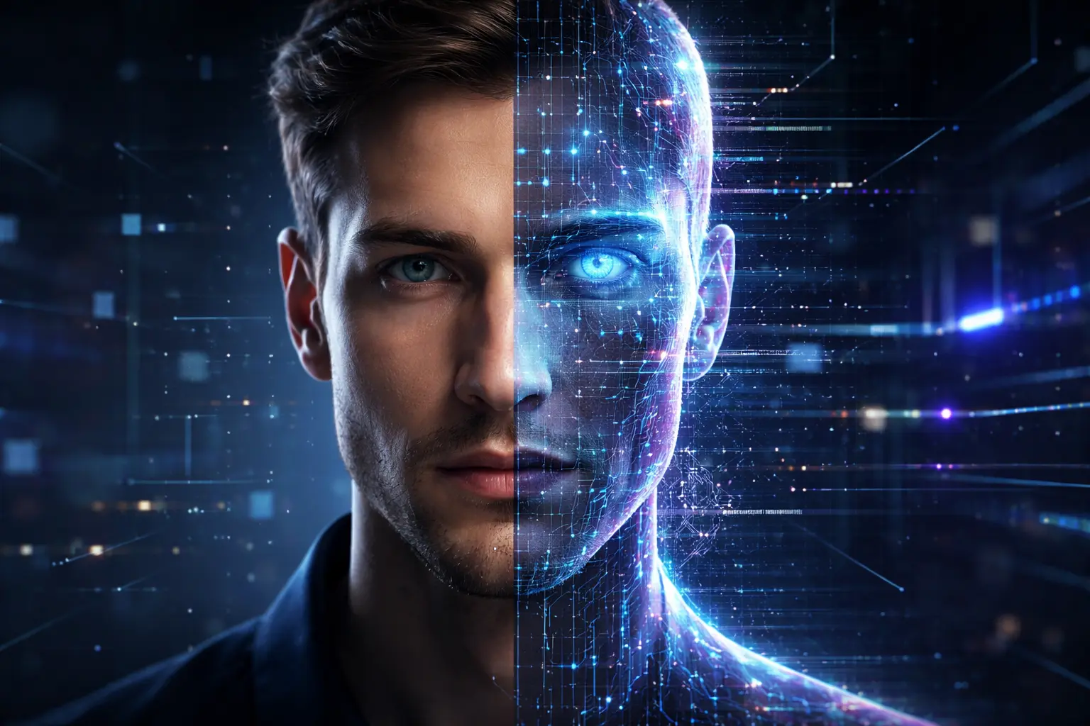 Hyper-realistic split-face illustration showing a real human face blended with an AI-generated digital replica, representing deepfake technology and synthetic media.