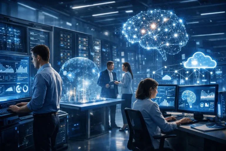 Enterprise professionals working with advanced artificial intelligence systems in a futuristic data center, visualizing IBM and AI through hybrid cloud analytics and neural network intelligence.