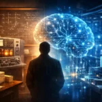 Illustration showing the evolution of artificial intelligence from a 1950s computer lab to a modern AI neural network, symbolizing who started AI.