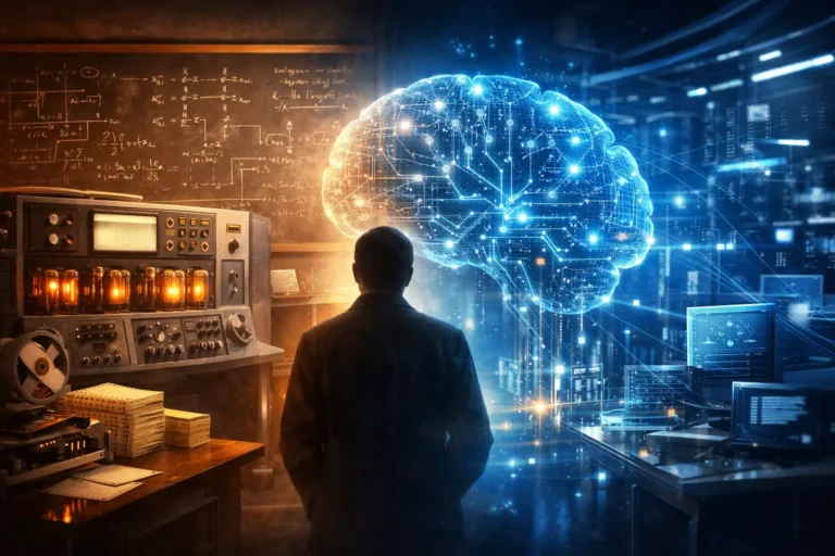 Illustration showing the evolution of artificial intelligence from a 1950s computer lab to a modern AI neural network, symbolizing who started AI.