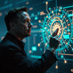 “Elon Musk in a thoughtful pose with futuristic digital symbols representing intelligence and innovation.”