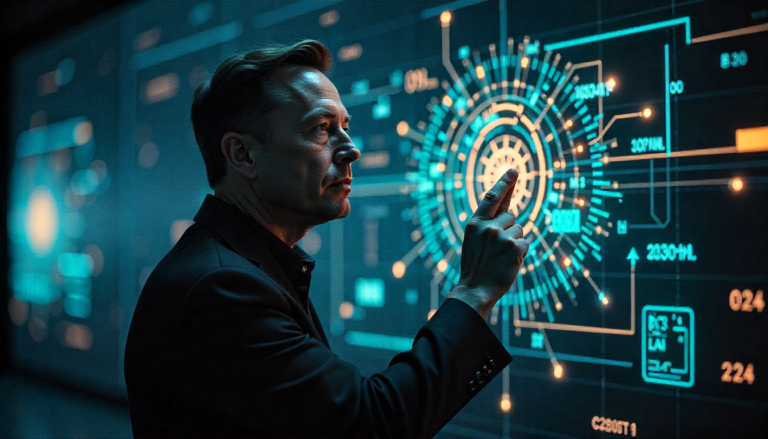 “Elon Musk in a thoughtful pose with futuristic digital symbols representing intelligence and innovation.”