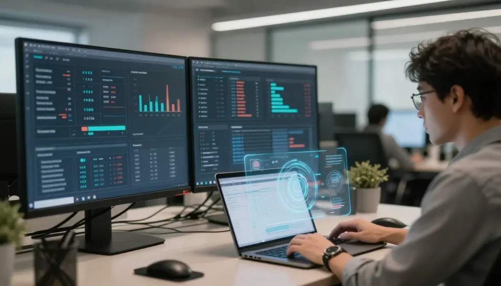 Employee working in a modern office as artificial intelligence tools automate tasks and reshape traditional job roles.