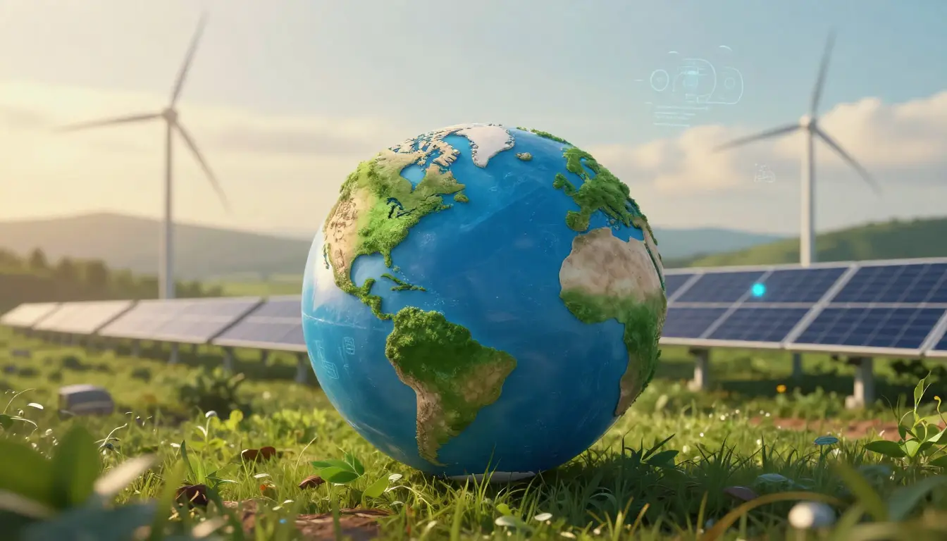 Environmental science and technology illustrated through renewable energy, climate monitoring, and sustainable ecosystems