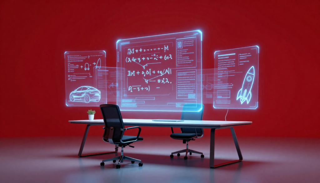 “Futuristic workspace with holographic screens and equations reflecting Elon Musk’s intelligence and innovation.”