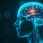 Brain chip technology showing a neural implant embedded in the human brain with glowing digital neural connections