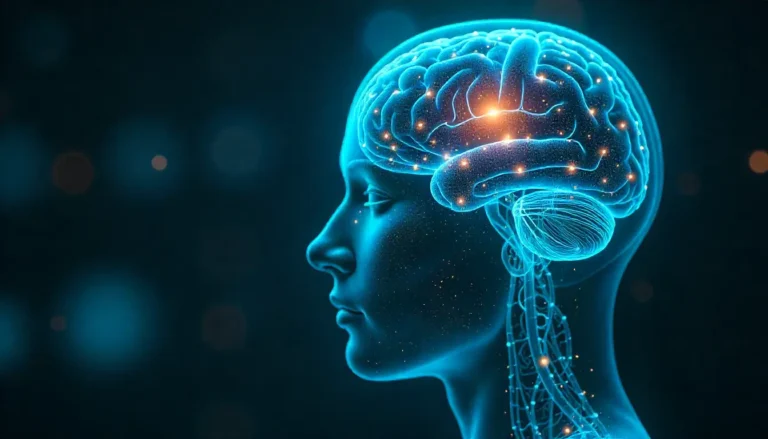 Brain chip technology showing a neural implant embedded in the human brain with glowing digital neural connections