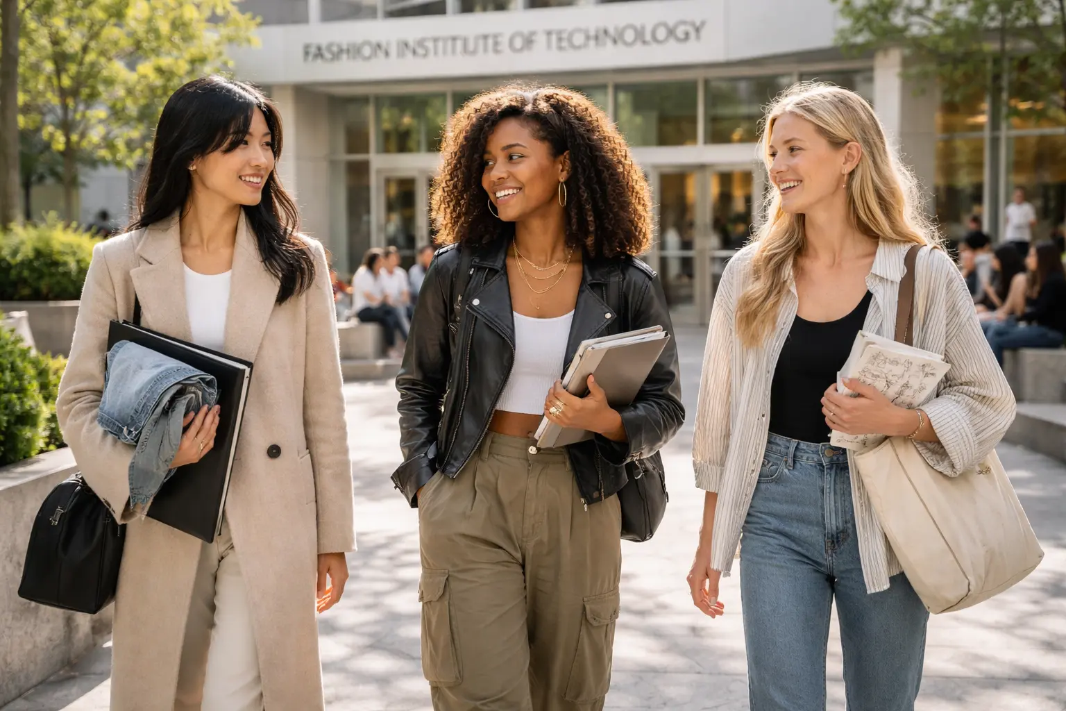 Fashion Institute of Technology students walking across the New York campus carrying sketchbooks and design portfolios in natural daylight.