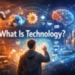 Illustration showing the evolution of technology from early machines to modern digital and AI systems, with a human interacting with futuristic interfaces.