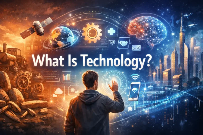 Illustration showing the evolution of technology from early machines to modern digital and AI systems, with a human interacting with futuristic interfaces.