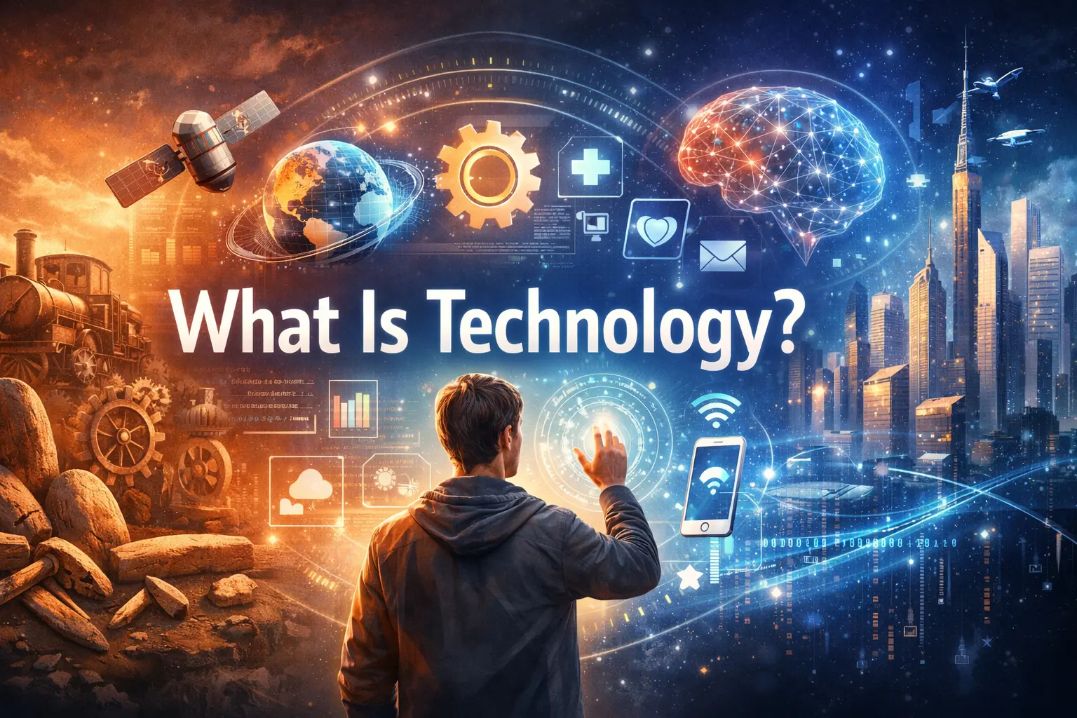 Illustration showing the evolution of technology from early machines to modern digital and AI systems, with a human interacting with futuristic interfaces.