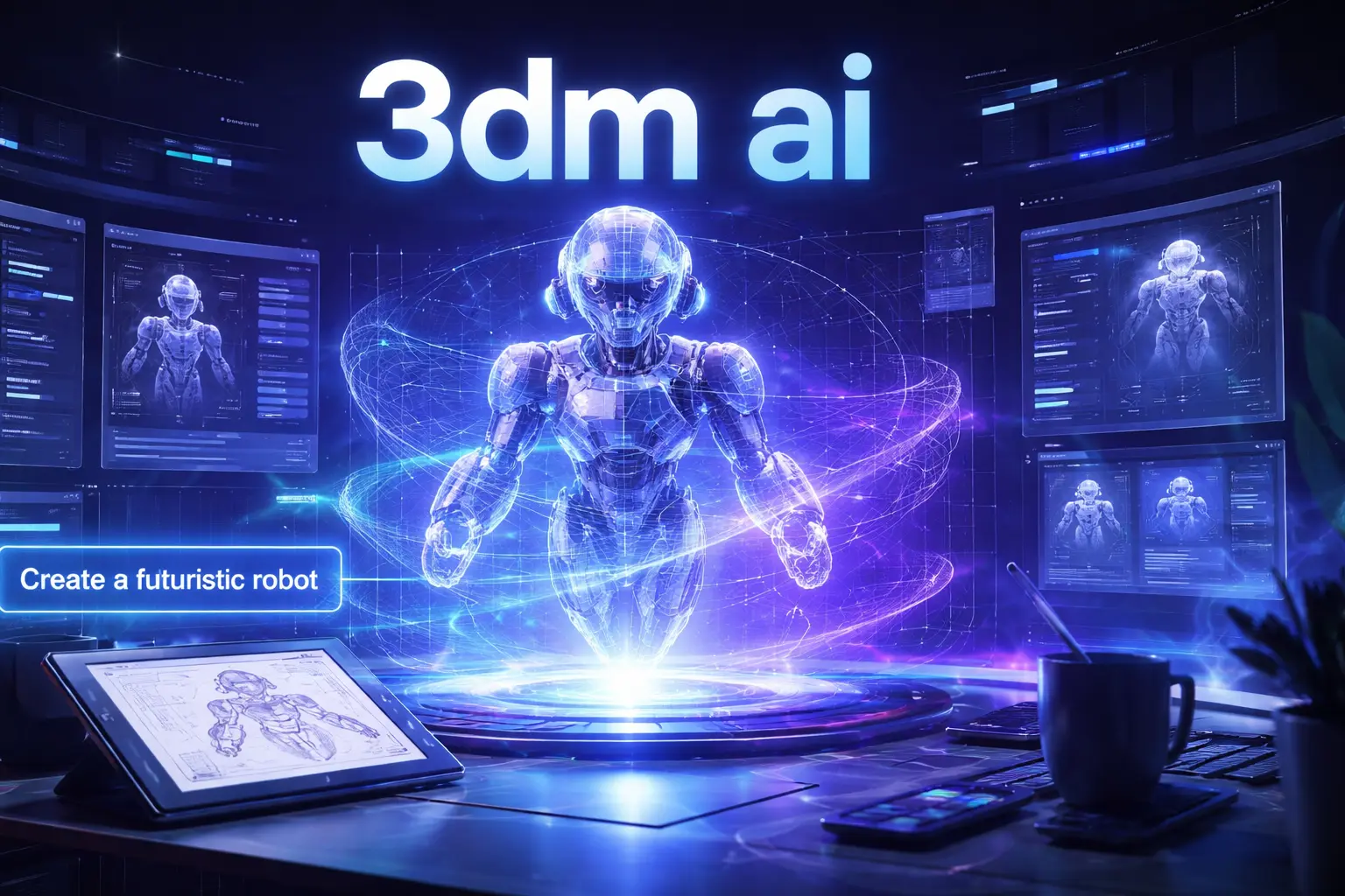 AI-powered 3D modeling workspace visualizing 3dm ai transforming text and sketches into a holographic 3D model