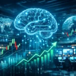 AI stock market concept showing a holographic artificial intelligence brain above rising financial charts and digital trading data.