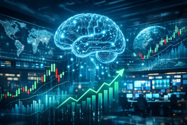 AI stock market concept showing a holographic artificial intelligence brain above rising financial charts and digital trading data.