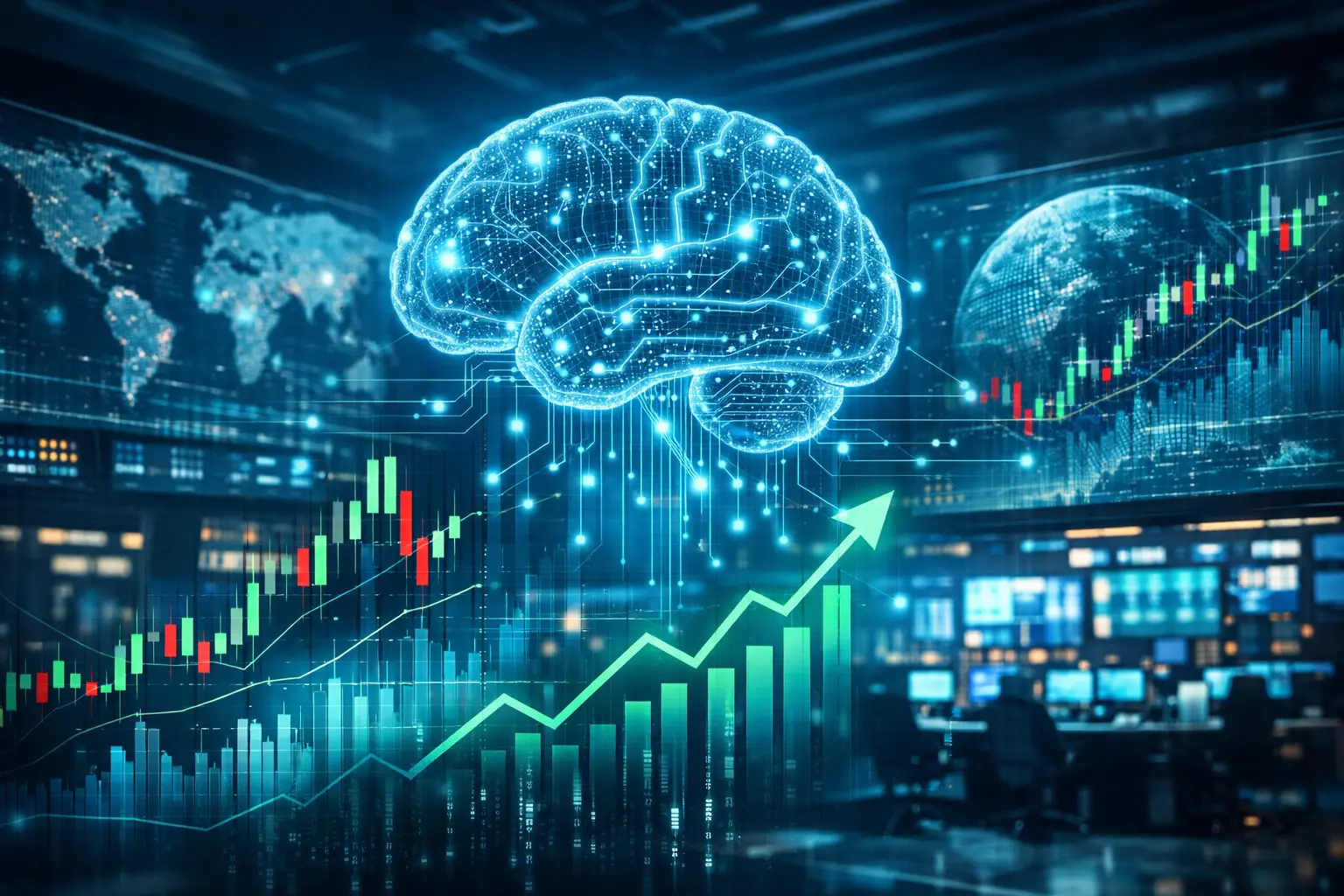 AI stock market concept showing a holographic artificial intelligence brain above rising financial charts and digital trading data.