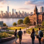 “Stevens Institute of Technology campus in Hoboken overlooking the Manhattan skyline at golden hour.”