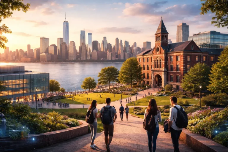 “Stevens Institute of Technology campus in Hoboken overlooking the Manhattan skyline at golden hour.”
