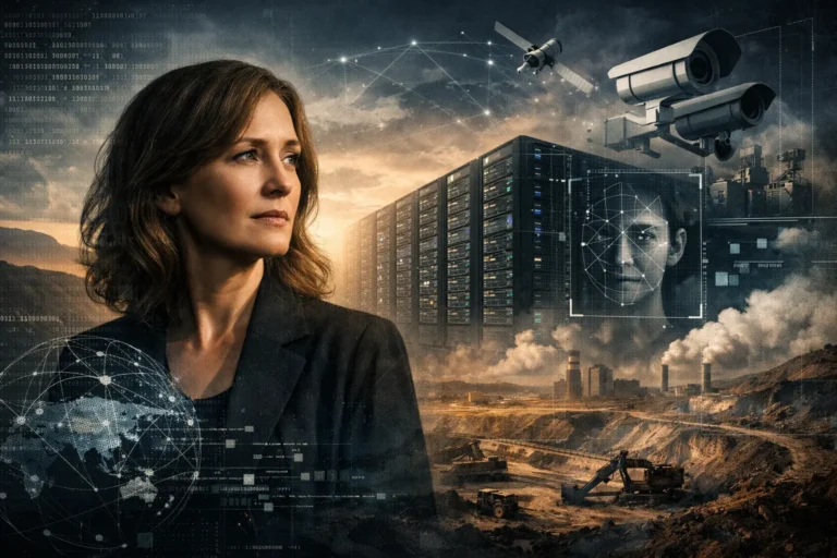 Illustration representing Kate Crawford AI ethics, showing a thoughtful academic figure against data centers, surveillance systems, and AI infrastructure highlighting power and responsibility.