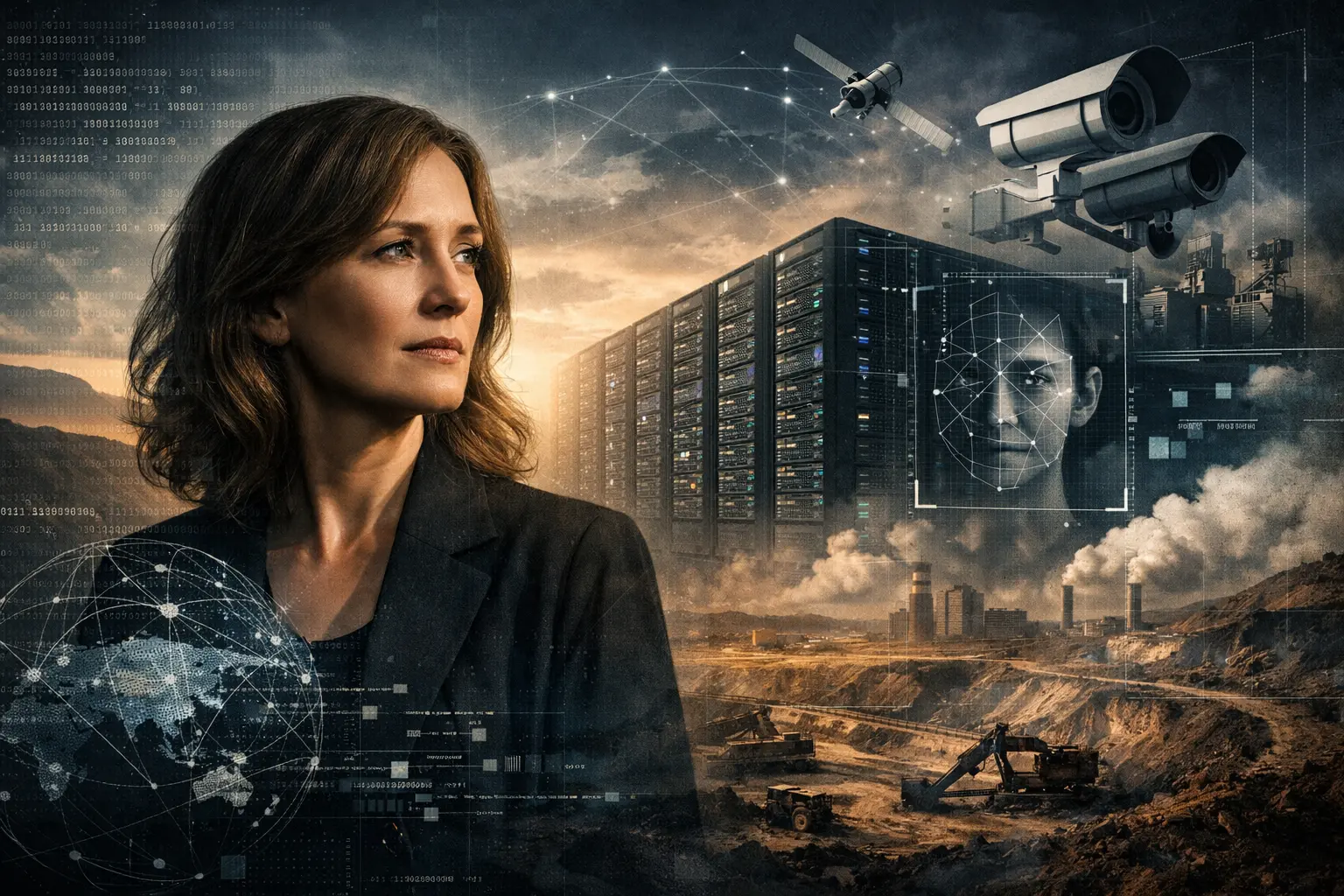 Illustration representing Kate Crawford AI ethics, showing a thoughtful academic figure against data centers, surveillance systems, and AI infrastructure highlighting power and responsibility.