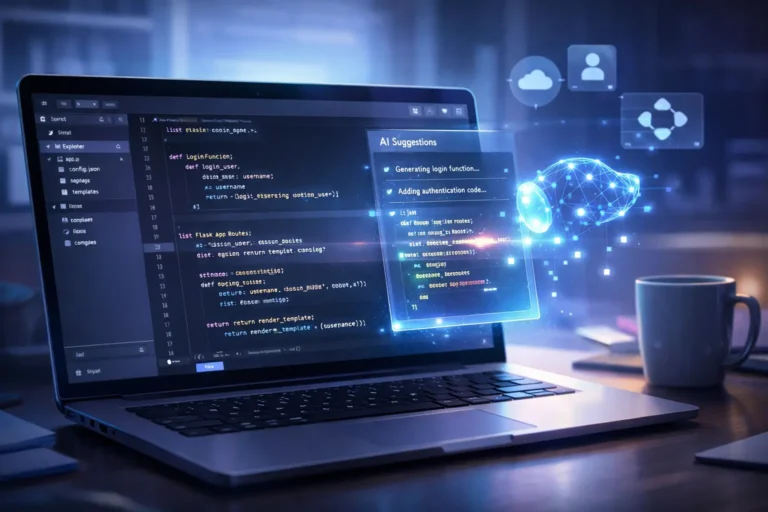 AI-assisted coding workspace in a browser showing Replit AI generating code and suggestions in real time