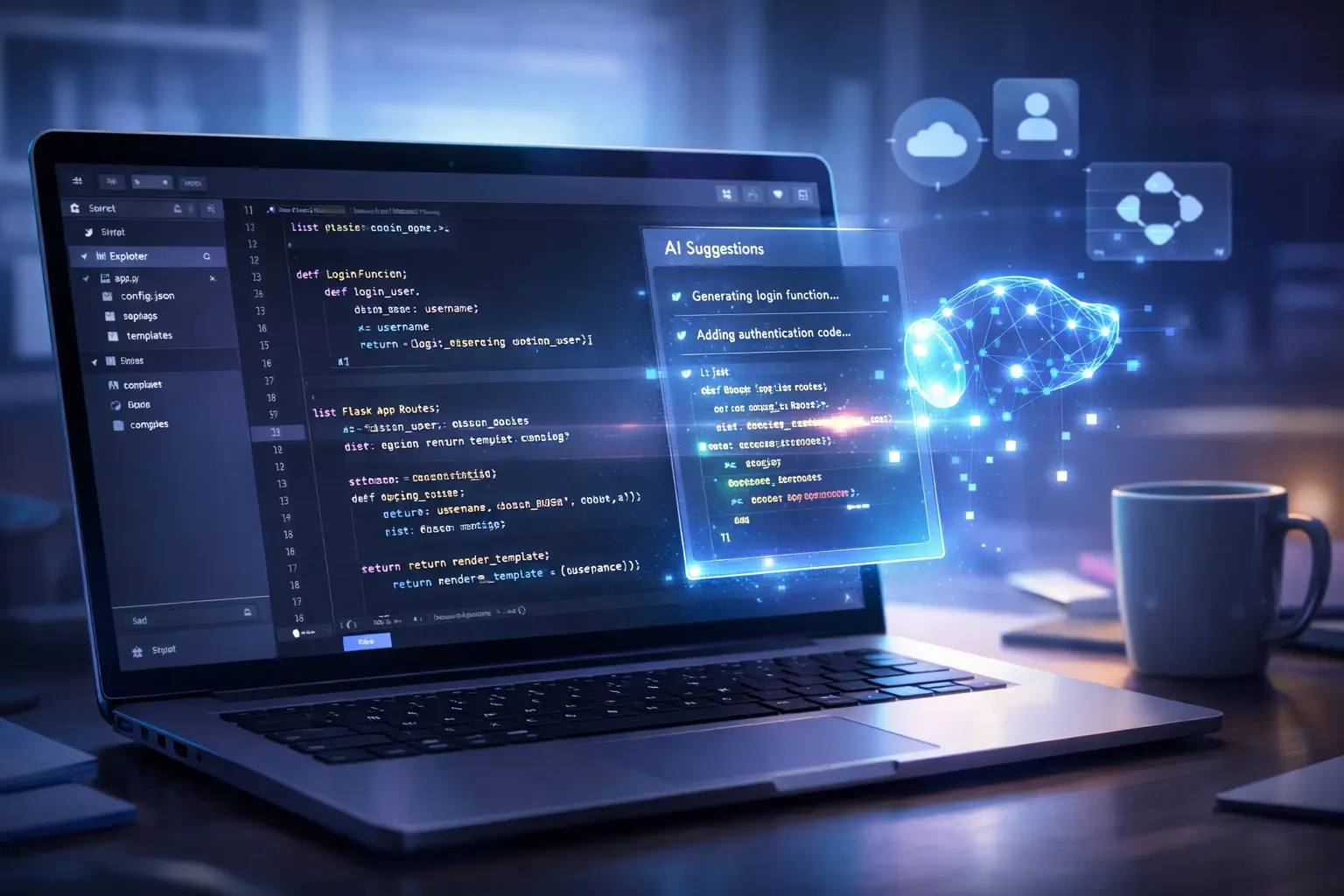 AI-assisted coding workspace in a browser showing Replit AI generating code and suggestions in real time