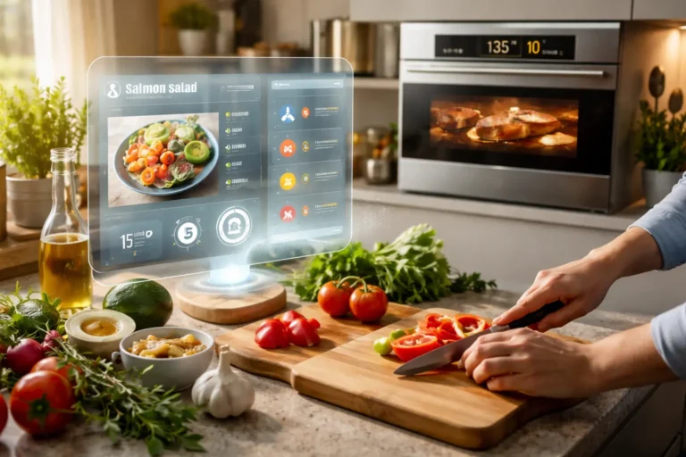 Modern kitchen using AI technology to assist cooking with smart oven, digital recipe interface, and real-time food preparation