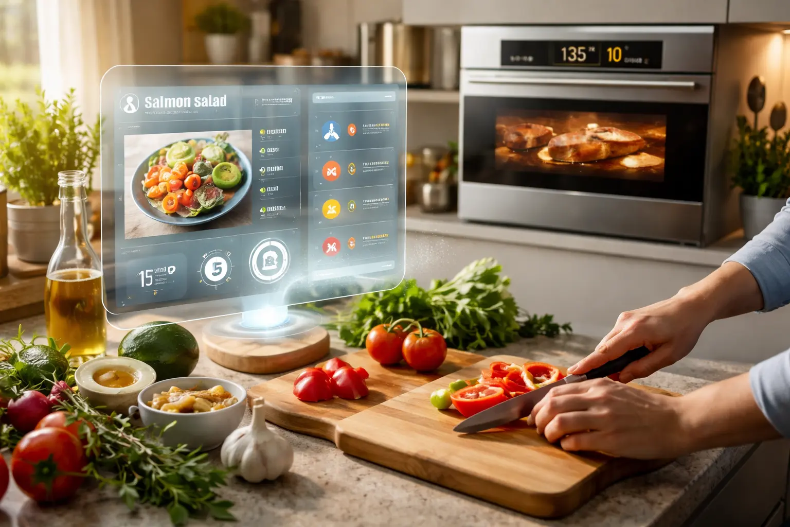 Modern kitchen using AI technology to assist cooking with smart oven, digital recipe interface, and real-time food preparation