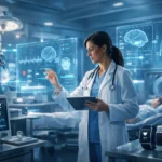 Modern medic technology in a futuristic hospital with AI diagnostics, digital health screens, and advanced medical devices