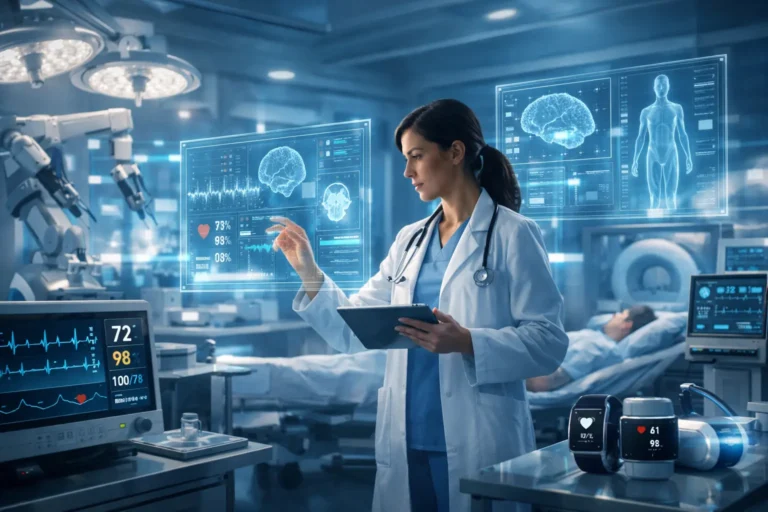 Modern medic technology in a futuristic hospital with AI diagnostics, digital health screens, and advanced medical devices
